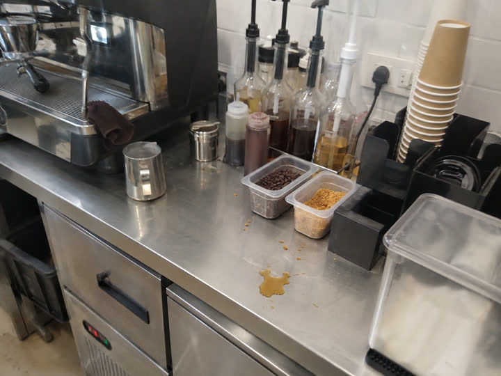 A counter spill: an example of the kind of kitchen evidence a team can review
